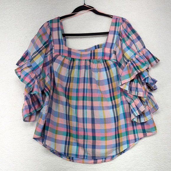 Terra & Sky Women's Plaid Ruffle Sleeve Square Neck Blouse Multicolor 0X 14W - Picture 2 of 10